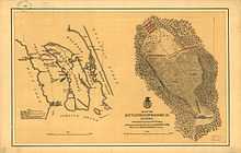 The image is in two parts. On the left, banana-shaped Roanoke Island lies between Croatan Sound to the west and Roanoke Sound to the east. Albemarle Sound to the north and Pamlico Sound to the south are not identified. A portion of Bodie Island (of the Outer Banks) is east and the mainland is west of the island. Positions of the Confederate forts and approximate positions of the Navy gunboats, Army transports, and Confederate Mosquito Fleet during the landings and naval phase of the battle are shown. On the left, a larger-scale map of the middle of the island shows the infantry and artillery dispositions where they met on 8 February 1862.