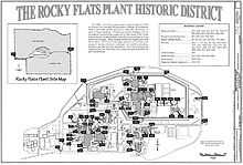 A map bearing the title "Rocky Flats Historic District." An overall map of the main production site and the relatively large surrounding buffer zones is shown in the inset, with most of the image showing a more detailed map of the facility's buildings (about 65 total).