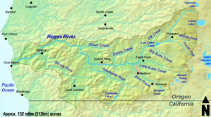 The Rogue River flows from near Crater Lake in Oregon to the Pacific Ocean at Gold Beach. A small part of its watershed extends into northern California.