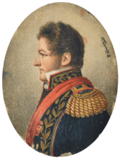 "Half length painted portrait of a man with curly auburn hair and sideburns facing left and wearing an elaborate military tunic embroidered in gold with heavy epaulettes, high embroidered collar and a red sash."