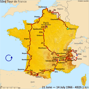 Map of France with the route of the 1966 Tour de France