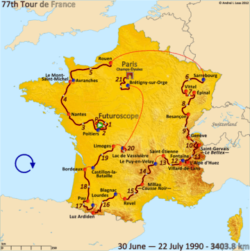 Map of France with the route of the 1990 Tour de France