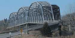Steel bridge with three through truss spans