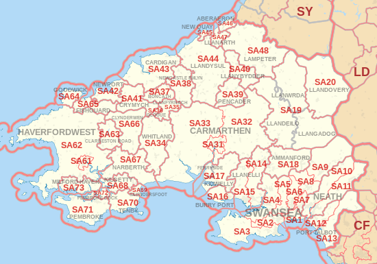 SA postcode area map, showing postcode districts, post towns and neighbouring postcode areas.