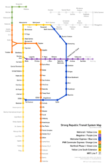 Color-coded lines on an outline map illustrating relative positions of existing and planned routes as described in the text