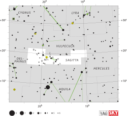 Diagram showing star positions and boundaries of the constellation of Sagitta and its surroundings