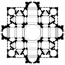 This is plan 1 of 3. The plan is based on a square, superimposed on a cross with arms of equal length. The cross makes the main sections of the church building: nave and chancel crossed by the transepts, with a circular dome over the crossing. There are four smaller domes, one in each corner of the square. The arms of the cross project beyond the square.