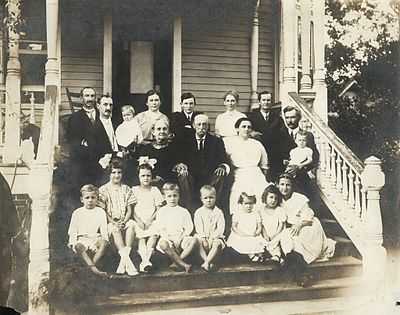 Samuel Dibble I family of Orangeburg SC c. 1912 (date and identification assumptions based on ages of children by Ann Wyatt Dibble); Back row: Samuel Dibble II, Louis Virgil Dibble, Rosa Parsons Dibble (baby), Ann Eliza Leak Wyatt Dibble, Samuel Dibble Moss, Frances Agnes Dibble Moss, Benjamin Hart Moss, Middle row: Mary Christiana Louis Dibble, Samuel Dibble, Mary “May” Henley Watson, Whitefield William Watson, Agnes Adele Watson (baby);Front row: Samuel Gabeau Dibble ? twin, Annie Leak Dibble (Bradley), Mary Louis Watson (Coleman), Thomas Wyatt Dibble ? twin, Samuel Dibble “Sam” Watson; Angelina Wannamaker Watson (Mayes), Mary Agnes Dibble (Morris), Mary Caroline Moss.