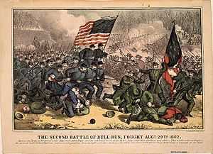 A colored lithograph of a Civil War battle scene in which a group of soldiers in blue uniforms, one of them carrying an American flag, are charging through a group of soldiers in grey who are retreating