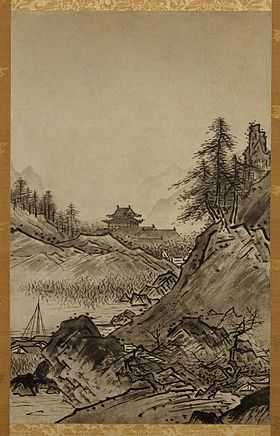 Landscape with hills, trees and a house in the background.