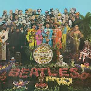 An image of the Beatles, holding marching band instruments and wearing colourful uniforms, standing near a grave covered with flowers that spell "Beatles". Standing behind the band are several dozen famous people.