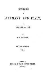 Page reads "Rambles in Germany and Italy in 1840, 1842, and 1843. By Mrs. Shelley. In Two Volumes. Vol. I. London: Edward Moxon, Dover Street."