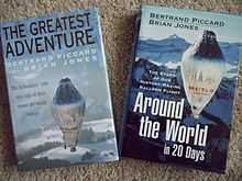 Two books with different titles: "The Greatest Adventure" on the UK edition; "Around the World in 20 Days" on the U.S. issue. Different front-cover designs show a hot-air balloon to the backdrop of snowy mountains.