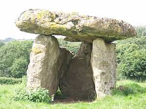 a grassy field in which three large upright stones support a stone slab roof