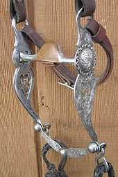 a horse bit with engraved silver shanks and a metal bar mouthpiece that is arched in the center with a copper hood over the arch
