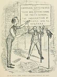 A black-and-white cartoon of a man teaching two parrots to say, "The was nothing wrong in the Pacific Scandal.  The indignation of the people was all a mistake!"