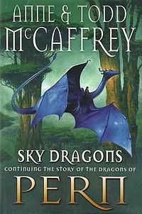 Book dust jacket showing a blue dragon, with its much smaller rider straddling the base of its neck, flying past the trunks of two large trees