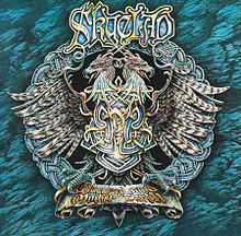An elaborate design on a record album cover. In the center is the profile two dragon heads, back to back, with feathers splaying out on either side, and a bar below like that of a military medal. "Skyclad" is printed in elaborate lettering at the top.