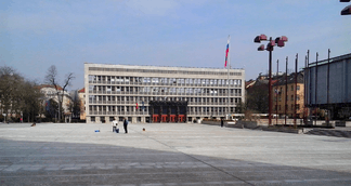 Frontal façade of the Slovenian parliament building, as seen from the Square of the Republic.