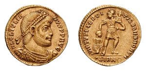 Solidus, obverse showing Julianus as philosopher, reverse symbolizing the strength of the Roman army