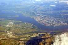 Aerial view of the town of Sorel-Tracy, the Saint Lawrence River and the Sorel Islands.