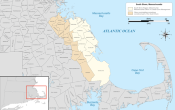 Map of the South Shore region of Massachusetts highlighted in yellow based on the region defined by the Massachusetts Office of Coastal Zone Management, with areas sometimes included in the region on other lists highlighted in light brown.