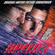 The faces of Jason Patric and Sandra Bullock and shown among streaks of diagonal lines in blue and orange.  In white text, the top reads "Original Motion Picture Soundtrack" and right side reads "Rush Hour Hits the Water".  The bottom reads "Speed 2" and "Cruise Control" in red text.