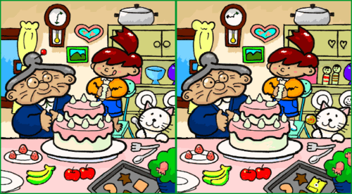 Two almost-identical cartoons, side-by-side, of an old lady looking on while a young child decorates a pink cake