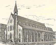 A drawing of a church with high, sloping roof and a narrow tower with open belfry off to the right of the roof ridge