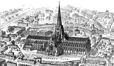 An engraving of Old St Paul's cathedral seen from above. The building is in a cross shape, architecturally rectangular and very long west to east, with flying buttresses along the quire. In the centre is a square central tower, which in this picture has a tall spire. The building looms over the old City of London before the Great Fire.