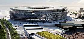 A 3D rendering of a round stadium with two angular buildings leading up to it.