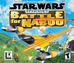 A futuristic, yellow aircraft is attacked during an aerial battle in blue skies above a green planet; the game's logo appears above the craft.