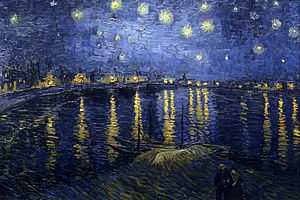 The top of the painting is a dark blue night sky with many bright stars shining brightly surrounded by white halos. Along the distant horizon are houses and buildings with lights that are shining so brightly that they are casting yellow reflections on the dark blue river below. The bottom half shows the Rhone river with reflected lights showing throughout the river. In the foreground we can see a shallow wave.