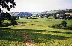 A village of houses nestled in rolling green hills.