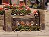 Stocks, made from central dark wooden stock beams with two holes in. The beams are supported by stone pillars. They have flowers planted in front of them, and the market cross, also with flowers, sits behind.