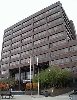 A brown 10 story office building, headquarters building of Stop & Shop supermarket chain in Quincy Center