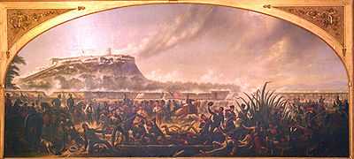 Color painting of American soldiers and Marines attacking Chapultepec castle.