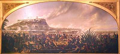 framed painting depicts Marines and soldiers fighting Mexicans at the base of Chapultapec Castle