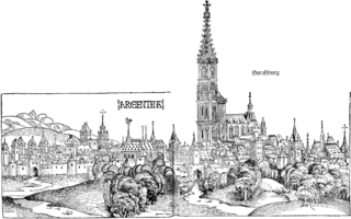 Woodcut of a walled mediaeval city, dominated by a cathedral, labelled Stra