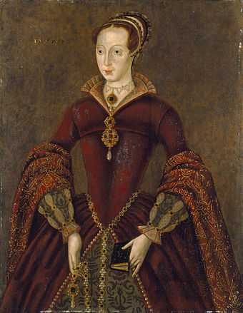  A stiff Elizabethan-style three-quarter portrait of Lady Jane Grey wearing elaborate formal dress and holding a prayer book. She is a tall, pale, rather horsey-faced young woman.