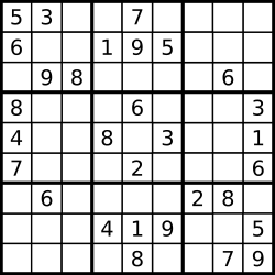 A sudoku 9x9 grid, some with a number filled in them.