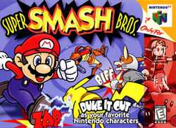 Image of various Nintendo characters fighting: Mario rushing at Pikachu, Fox punching Samus, Link holding his shield and Kirby waving at the player, with a bomb next to him.