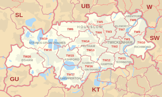 TW postcode area map, showing postcode districts, post towns and neighbouring postcode areas.