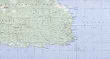 Topographical map of the Huon Peninsula and Tami Islands, showing the distance between Finschhafen and the Islands, and some of its features.