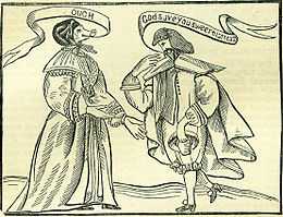 A man bows before an elegantly dressed woman with a pig's head. The man says "God save you sweet mistress"; the woman replies "Ough".