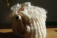 Tea pot with knitted tea cosy sheep.JPG