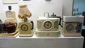 Teasmade machines on display at the Science Museum, London.