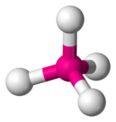 Skeletal model of a terahedral molecule with a central atom (Uuo) symmetrically bonded to four peripheral (fluorine) atoms.