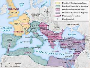 Map of the Roman Empire under the Tetrarchy, showing the dioceses and the four Tetrarchs' zones of influence