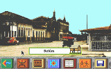 A screenshot from The Amazon Trail game (DOS version) showing a photographic scene in the city of Belém, Brazil.